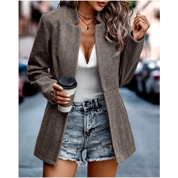 Classic Khaki Herringbone Blazer Jacket Coat - Picture 8 of 9